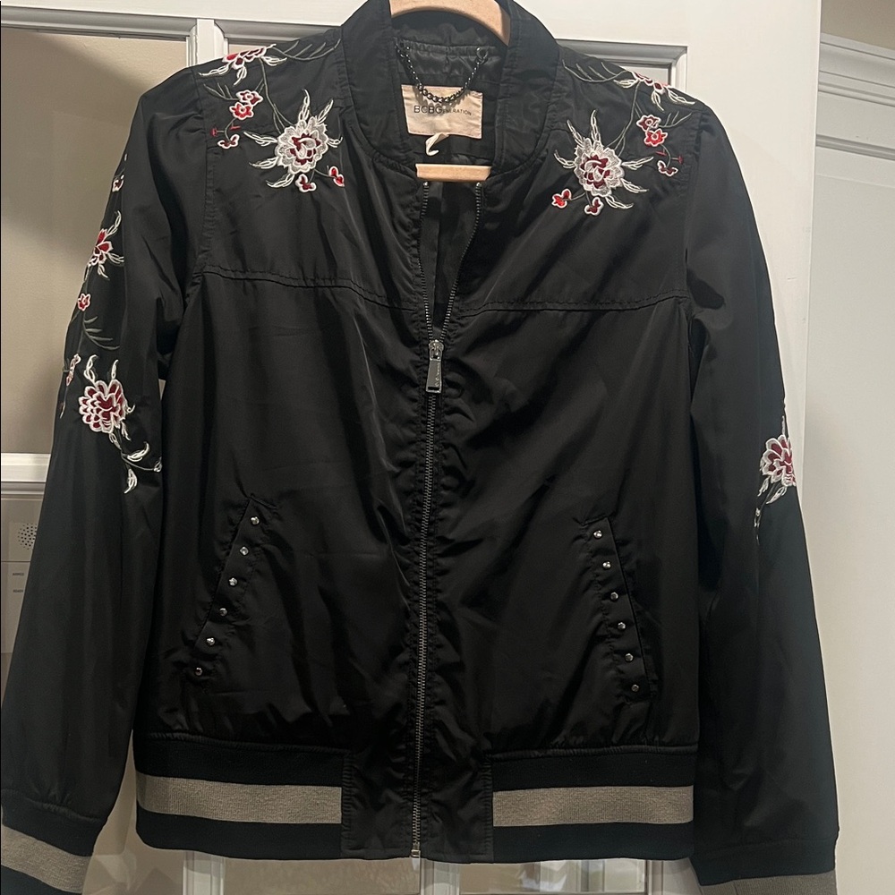 BCBGeneration Black Bomber Jacket with Floral Emb… - image 1